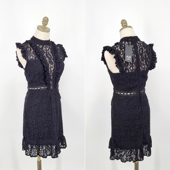 AX Paris Dresses & Skirts - AX Paris Lace Mini Dress Semi Sheer Ruffle Black High Neck Size 6 NWT